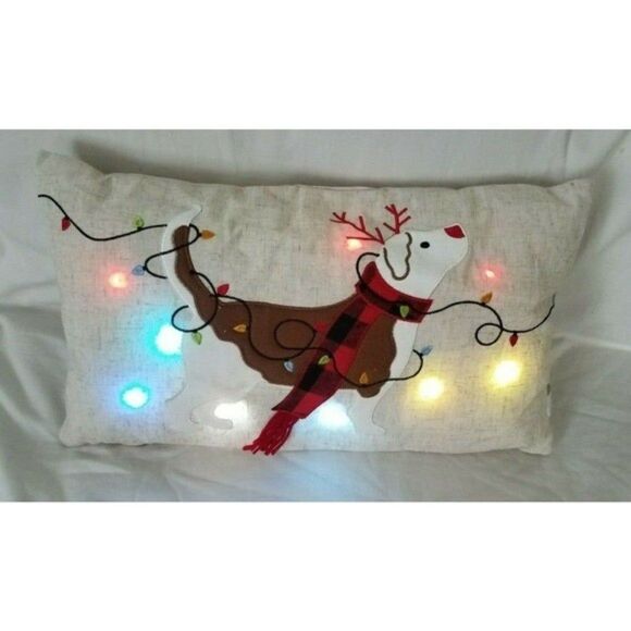 Accent Pillow Reindeer Dog Christmas Holiday Blinking Light-Up Buffalo Plaid - Picture 5 of 12